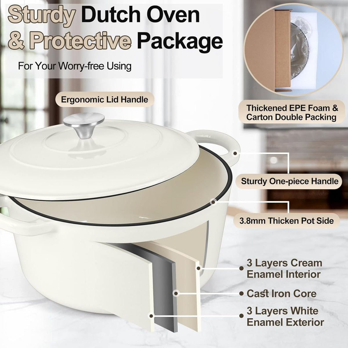 P&P CHEF 7QT Enameled Dutch Oven, Cast Iron Dutch Oven Pot with Lid for Bread Baking, Enameled Casserole Pot for Roasting Braising Stewing Frying Simmering, Various Stoves & Easy Clean, White