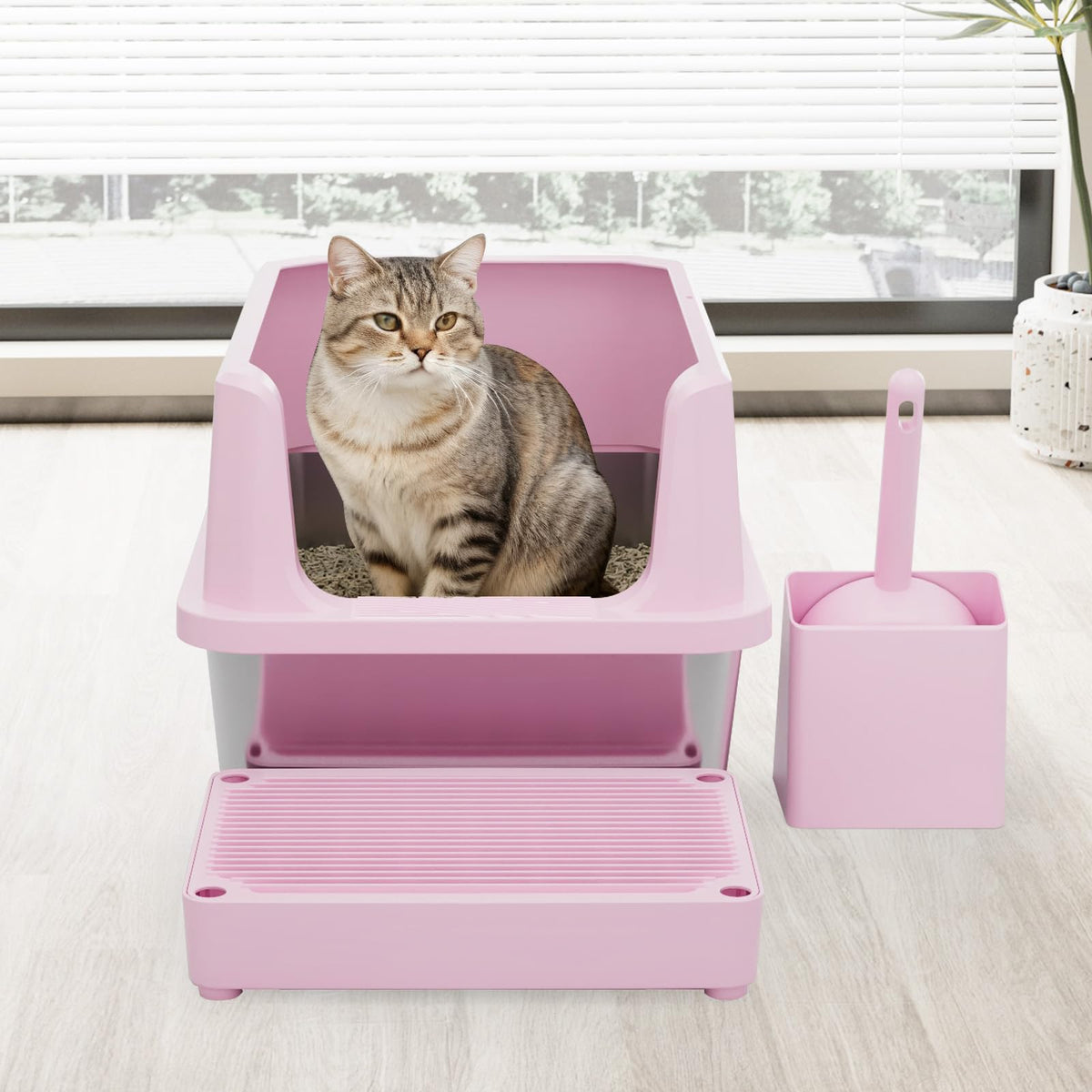 RIZZARI Cat Litter Box Anti-Scatter: Open-Room for Large Cats & Multi-Home