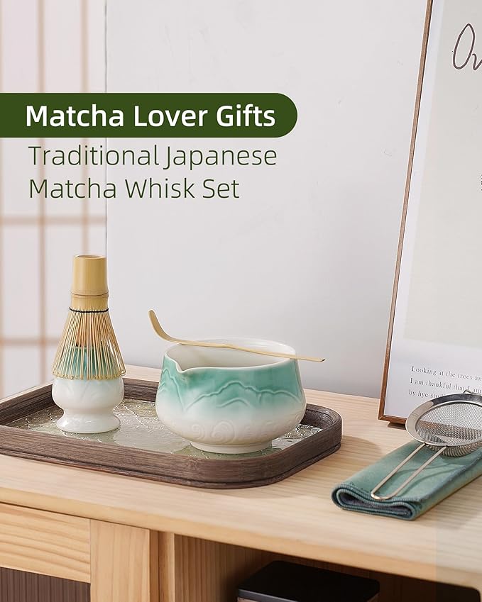 ZENS Matcha Whisk Set, 6Pcs Matcha Set Includes Ceramic Bowl, Bamboo Whisk and Chasen Holder,Scoop, 304 Stainless Sifter & Tea Mat, Matcha Kit for Tea Ceremony, Blue