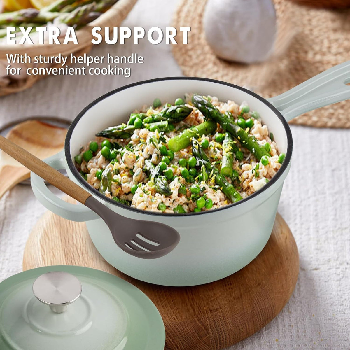 Enameled Cast Iron Sauce Pan, 1.6 Quarts Round Sauce Pot with Lid, Min Dutch Oven Enamel Saucepan for Cooking Pasta Sauce, Gravy, Puddings & Boiling, Gradient Green