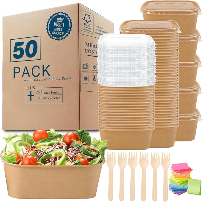MINCOCO 50 Count Paper Bowls Disposable Meal Prep Containers with Lids【Includes 50 Wooden Forks + 100 Labels】 Salad Food Containers Freezer & Microwave Safe Leakproof Soup Bowls (19 Ounce, 50-Count)
