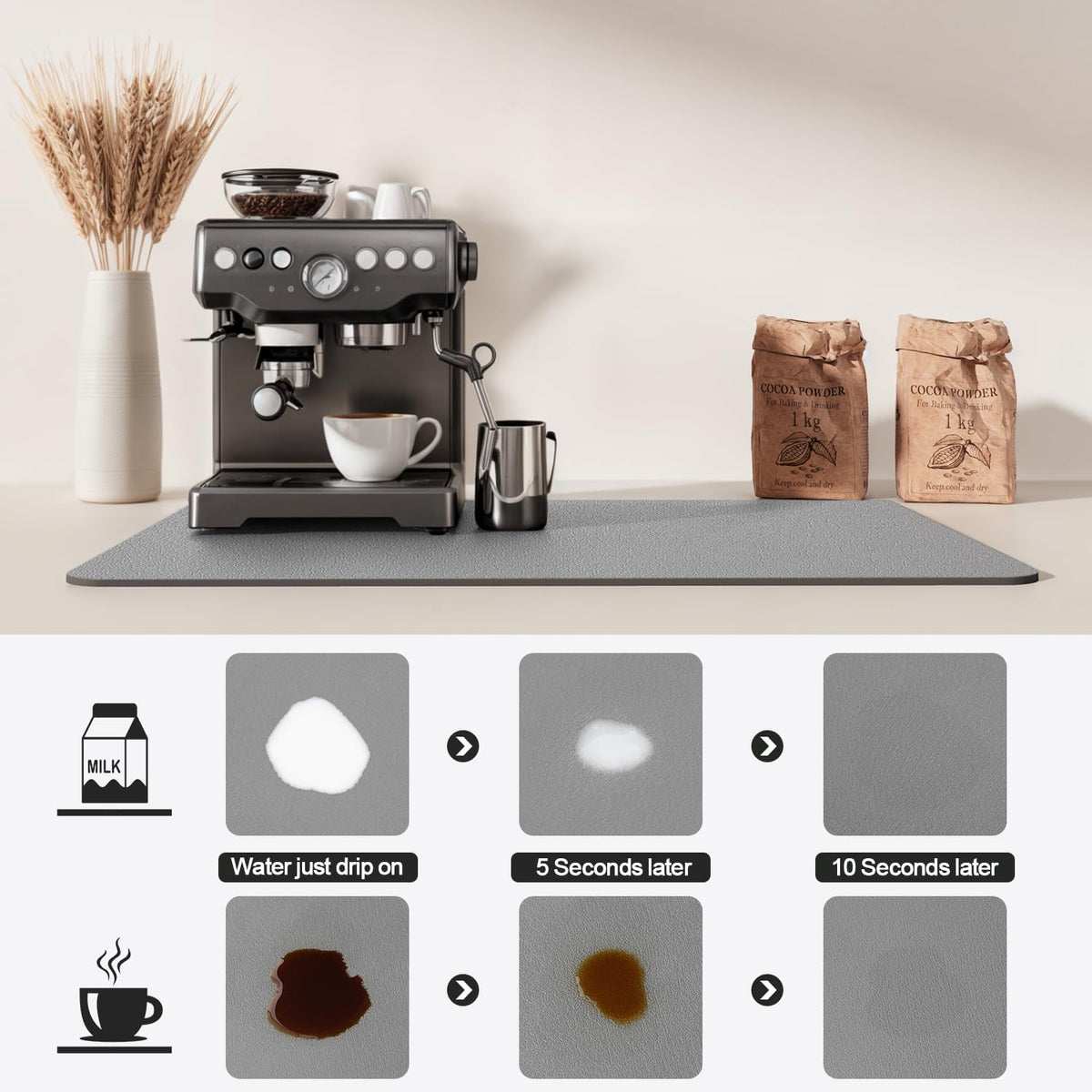 Dish Drying Mat for Kitchen Counter | Coffee Bar Mat for Countertops | Heat Resistant Drainer Mat with Non-slip Rubber Backed | Hide Stain Kitchen Absorbent Draining Mat | Grey 16"x18"