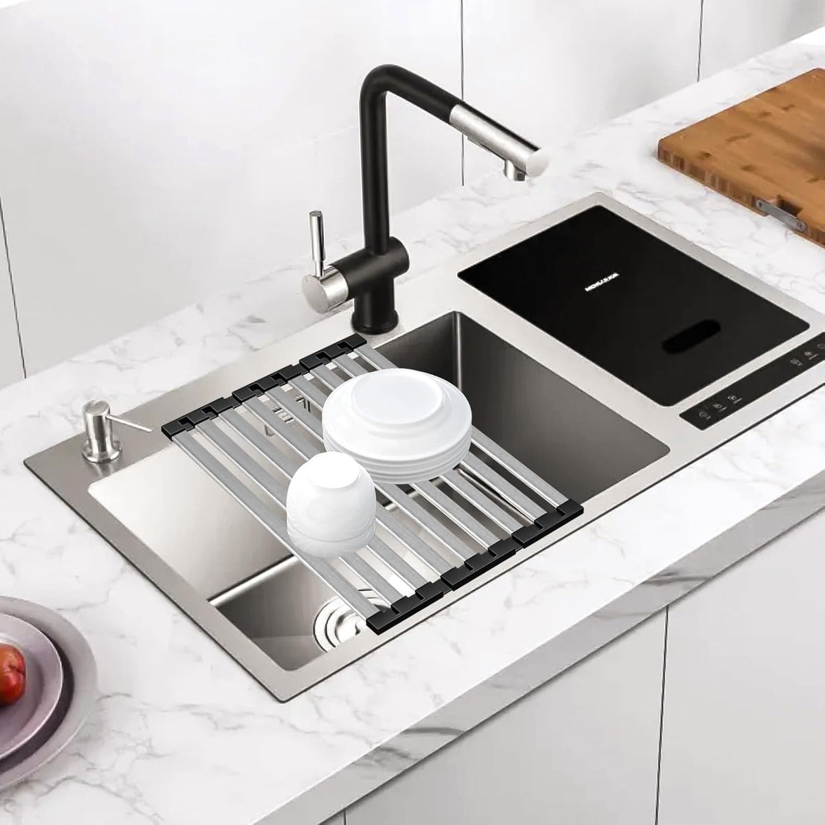 17.5" X 13" Roll Up Dish Drying Rack, 304 Stainless Steel Over Sink Dish Drying Rack, Foldable Heat-Resistant Dishes Drainer for Kitchen and RV Sink Counter, Black