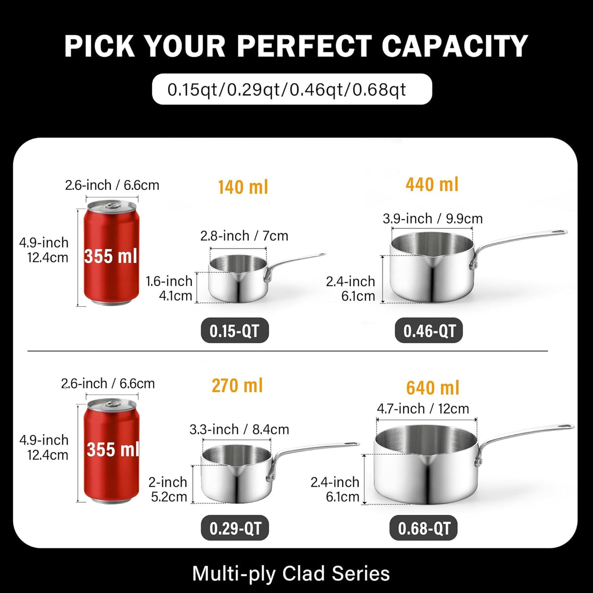 Cooks Standard Stainless Steel Butter Warmer Pot Set, 0.15/0.29/0.46/0.68 QT Multi-Ply Clad Small Sauce Pans, Mini Butter Chocolate Milk Melting Pot with Pour Spout, 4-Piece