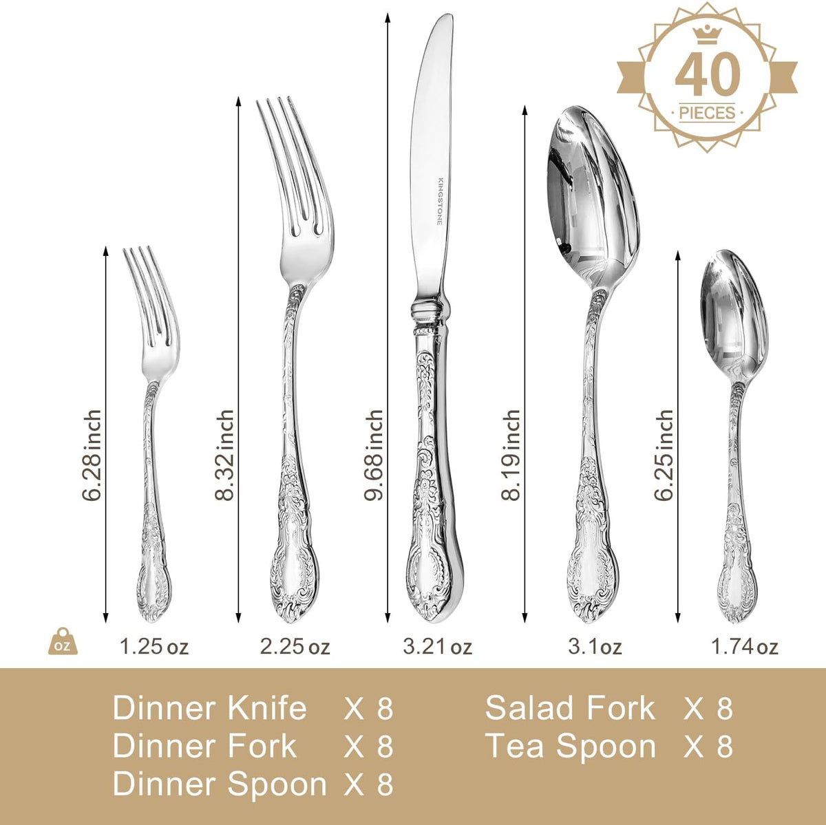 KINGSTONE Vintage Carved Silverware Set, 40-Piece 18/10 Stainless Steel Flatware Cutlery Set with Retro Royal Thick Handle, Tableware Utensils for Home, Restaurant, party, Wedding, Dishwasher Safe