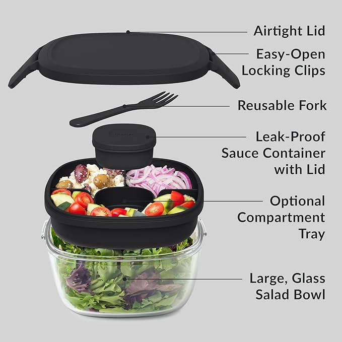 Bentgo Glass All-in-One Salad Container - Large 61-oz Salad Bowl with Lid, 4-Compartment Bento-Style Tray, 3-oz Sauce Container, and Reusable Fork - Dishwasher, Microwave, and Oven Safe (Black Onyx)