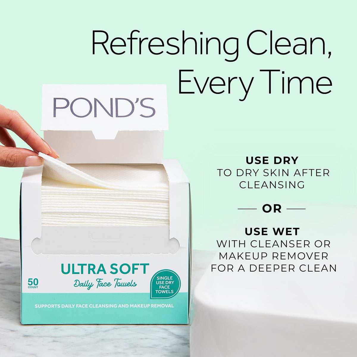 POND’S Disposable Face Towel 2-Pack (50 Per Box) – Ultra Soft Biobased Dry Face Towels – Clean & Hygienic Makeup Remover Wipes, Facial Cleansing, Exfoliating, Gentle on Sensitive Skin