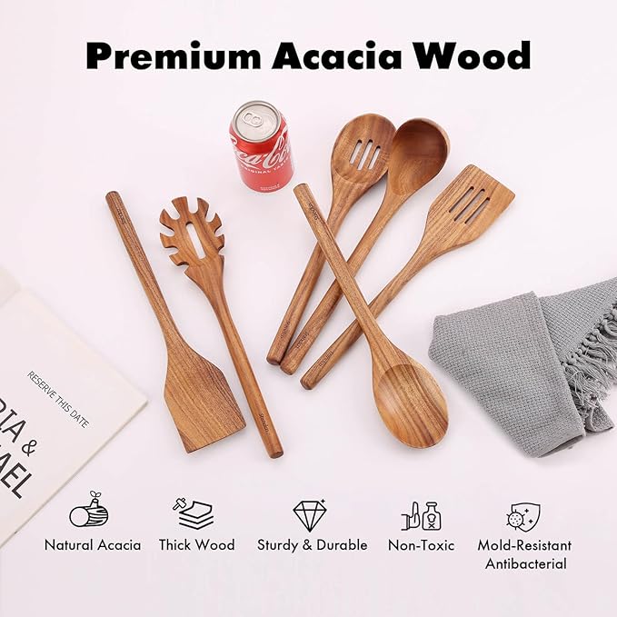 Acacia Wood Utensils Set - 6 Piece Handmade Wooden Spoons for Cooking, Natural Acacia Wood Kitchen Utensils for Non-stick Cookware, Turner, Serving Spoon, Slotted Spoon, Soup Ladle, Spaghetti
