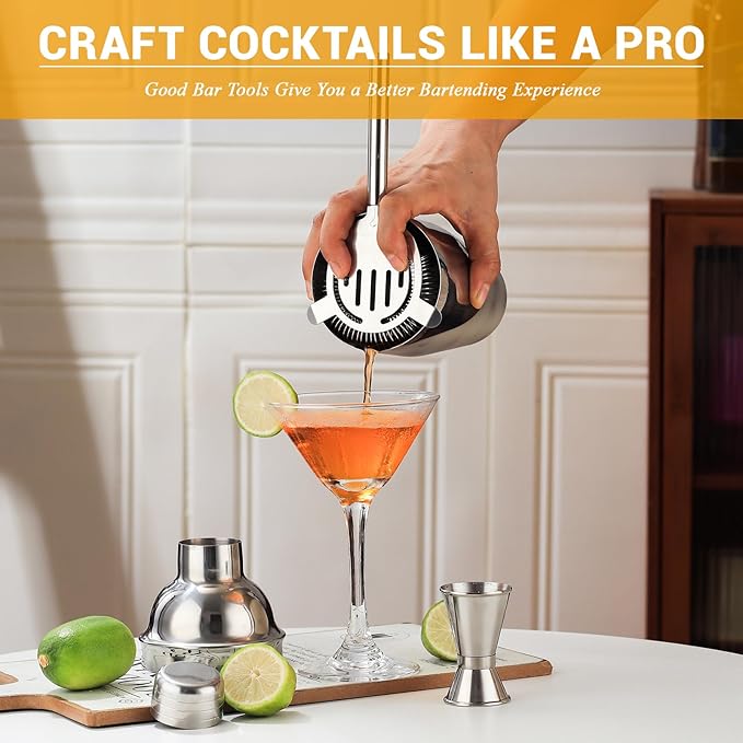 Bartender Kit Cocktail Shaker Set, Stainless Steel Cocktail Kit with 12 Piece Bar Accessories, 25oz Shaker Bar Set Drink Mixer Set with Stand Jigger Strainer Spoon Muddler for Cocktails (Silver)