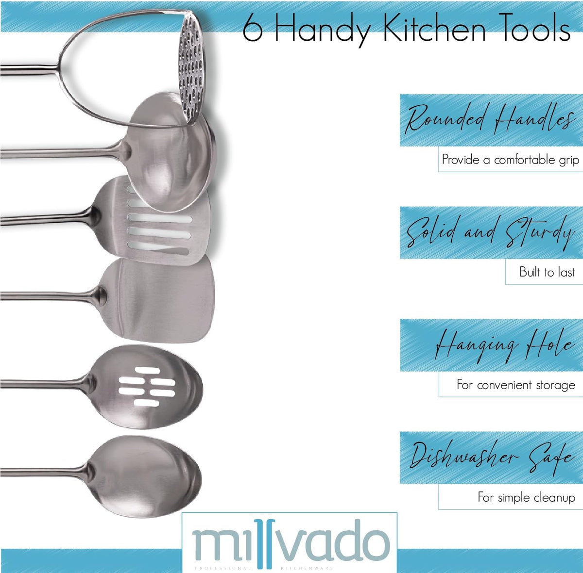 Stainless Steel Kitchen Utensil Set, Cooking Utensils, Set of 6 Kitchen Tools, Solid Spoon, Slotted Spoon, Solid Turner, Slotted Turner, Soup Ladle, Potato Masher, Dishwasher Safe