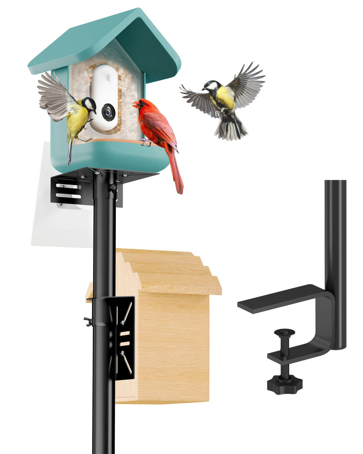 iBorn Bird Feeder Pole for Deck C-Clamp On Railing Mount Camera Bird Feeder Pole 3in1 Compatible Deck Mount Poles for Outdoors Adjustable Bird House Bracket Mount Kit Universal for Smart Feeder