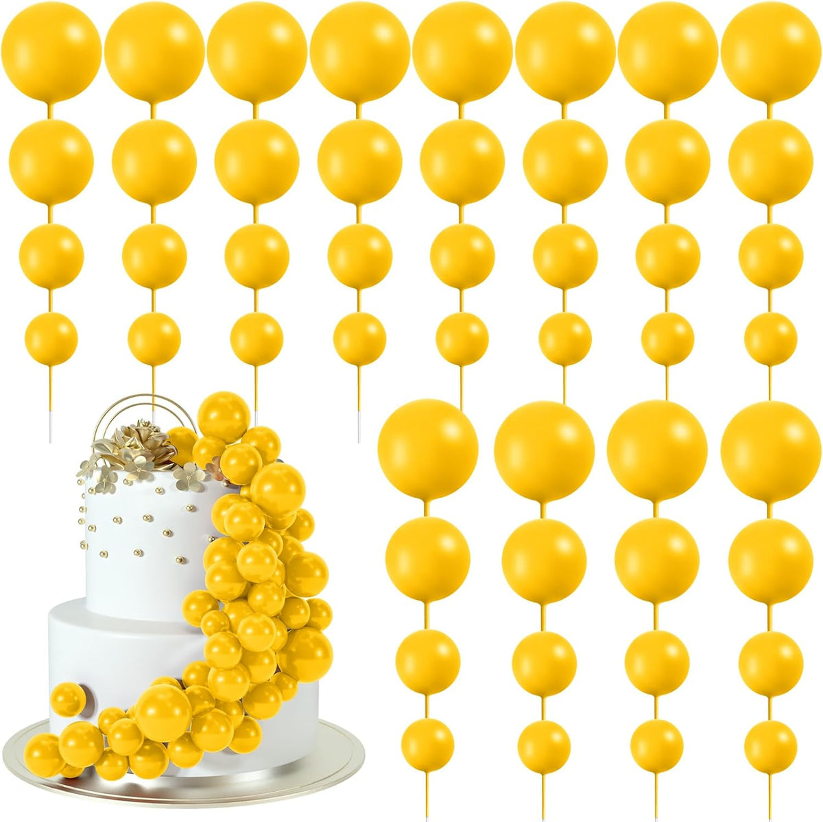 48 Pcs Yellow Cake Topper Decorations - Balloon Cupcake Toppers Foam Cake Balls for Birthday Party, Wedding Anniversary Cake Decorating