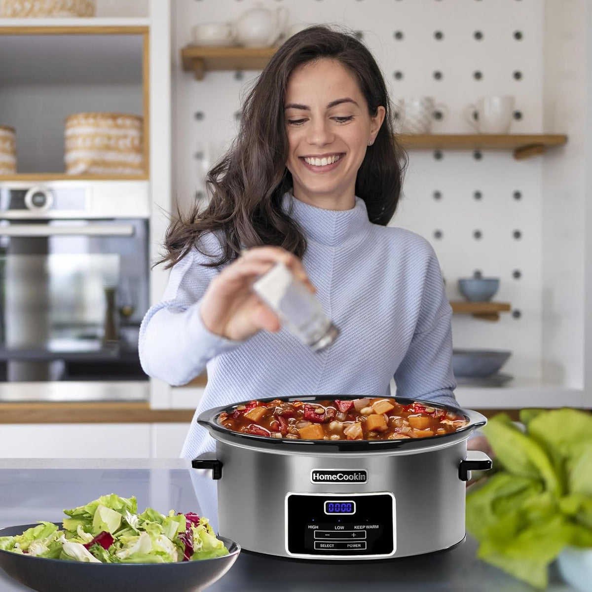HOMECOOKIN 6-Quart Digital Programmable Slow Cooker with Timer - Small Kitchen Appliance for Family Dinners - Serves 6+ People - Heat Settings: Keep Warm, Low and High