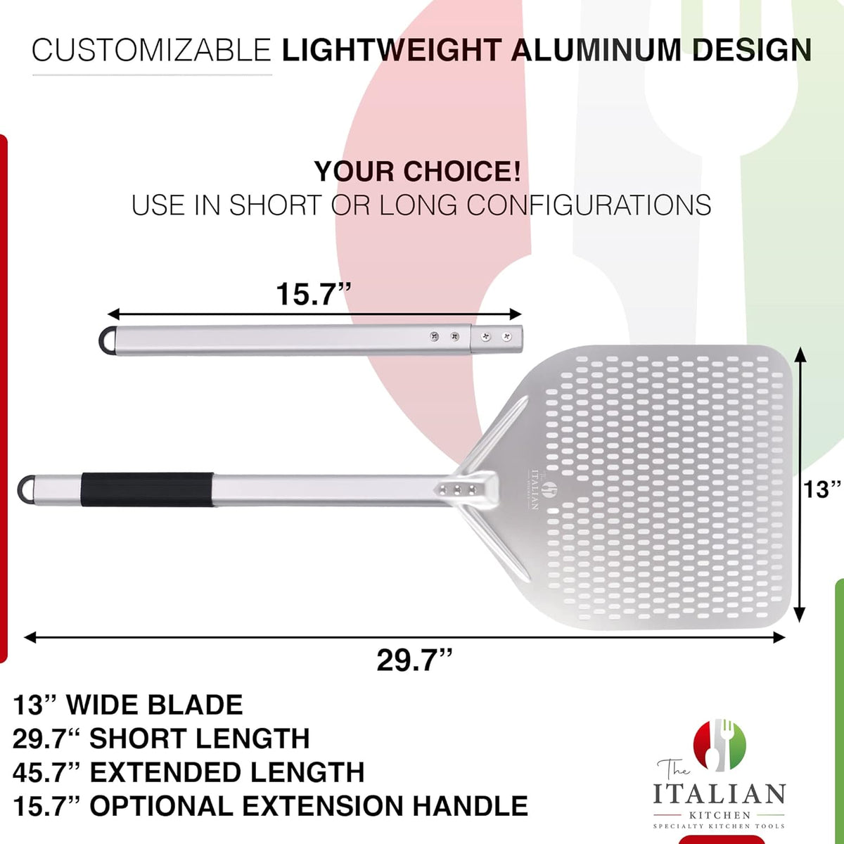 Perforated Pizza Peel 13"W x 16.7"L- Professional Restaurant Grade Large Metal Pizza Peel - 45.7" or 29.7" Long Handle Aluminum Turning Peel - Commercial Pizza Paddle