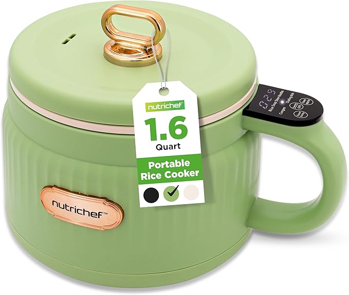 NutriChef 1.6 QT Portable Electric Rice Cooker & Lunch Maker | Multi-Functional & Non-Stick Ceramic Coating | Digital Control Panel | 6 Cook Functions: Rice, Soup, Stew, Porridge & More | Green