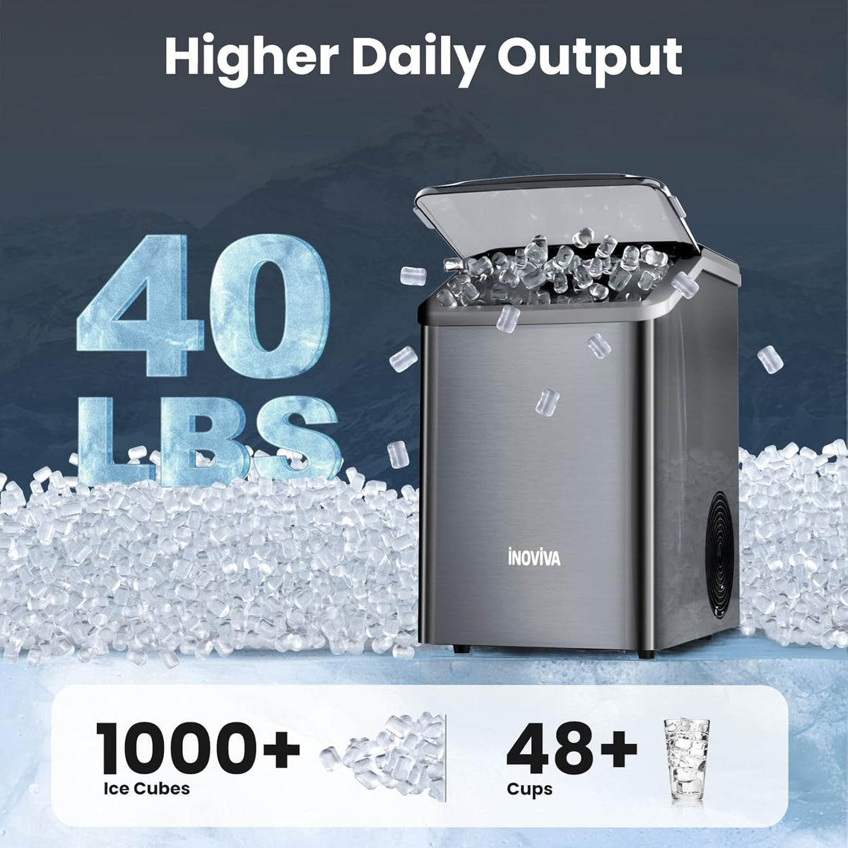 Nugget Ice Maker Countertop, 40lbs/24H Soft Chewable Pellet Ice Machine with Self-Cleaning, Sonic Ice Maker for Home Kitchen, Office - Black Stainless