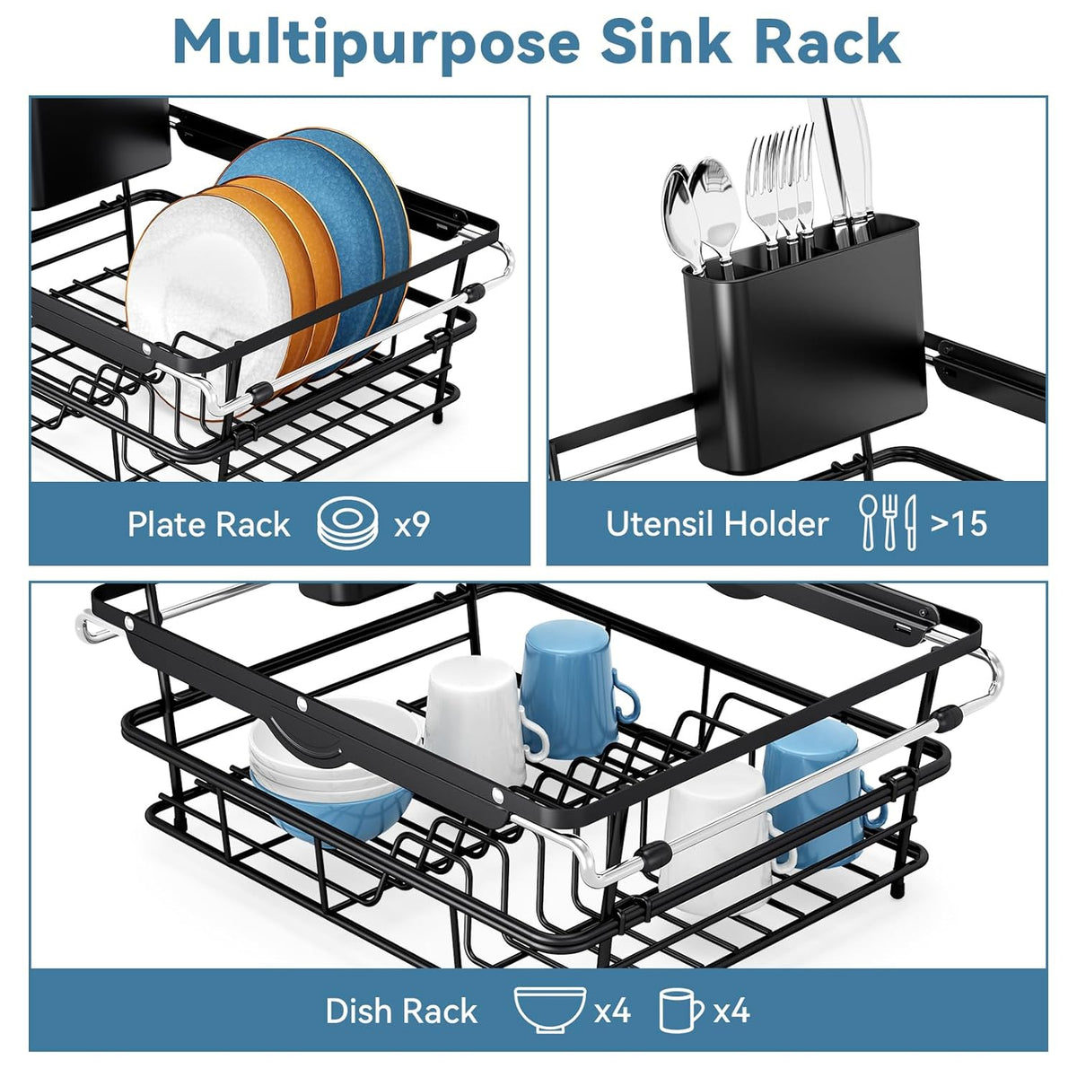 Over the Sink Dish Drying Rack,In Sink Dish Drying Racks,Expandable Dish Rack Over Sink Counter,Adjustable Dish Drainer for Inside Sink with Utensil Holder, Stainless Steel Dish Strainer XLarge Size