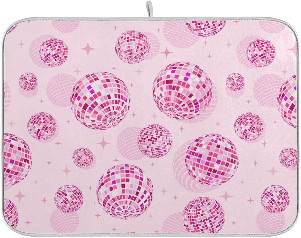 Disco Balls Pink Dish Drying Mat for Kitchen Counter Absorbent Microfiber Drying Pad, Large 18x24 in, Reversible Drainer Mats