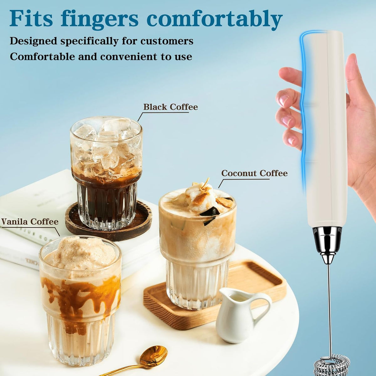 Milk Frother Handheld for Coffee, Electric Whisk 3 Speed Adjustable, Drink Mixer with Stainless 3 Whisks, Rechargeable Hand Frother Wand, for Latte Cappuccino Hot Chocolate Egg Beige