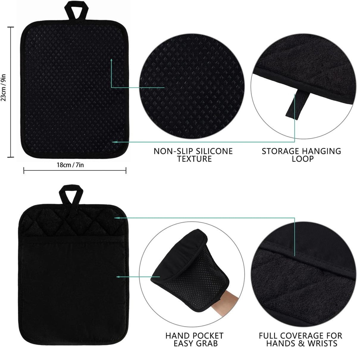 Kitchen Everyday Basic Pot Holder Heat Resistant Coaster Soft Silicone Water Resistant Pot Holder Set Oven Mitts with Pocket, 2 Piece Set, 7"x9" (Black)
