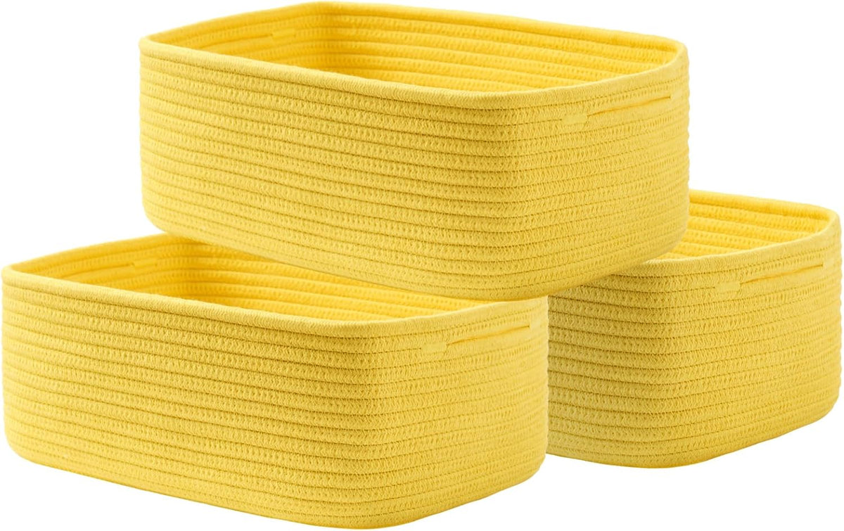 Small Woven Basket, 13.5 x 9.5 x 5 Inches, Storage Basket for Organizing, Cute Small Rope Shelf Closet Cube Storage Bins Baskets for Shelves, Dog Toy Gift Baskets Empty, 3 Pack Yellow