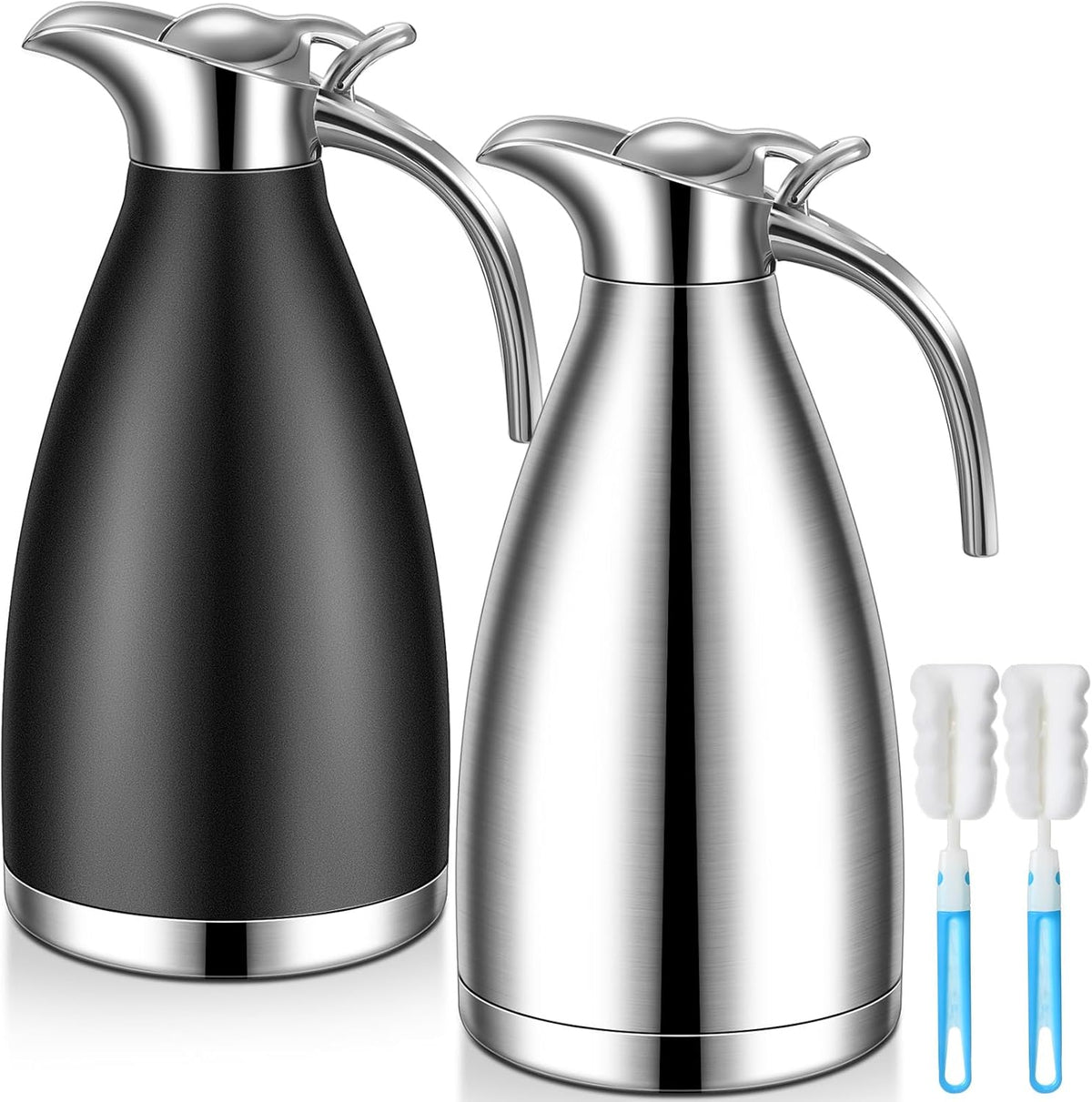 Uiifan 2 Pcs 68 oz Thermal Coffee Carafe Insulated Stainless Steel Coffee Carafe for Hot Liquids Vacuum Thermal Pot Creamer Dispenser with Brushes Keeping Hot Tea Milk Water(Black, Silver)