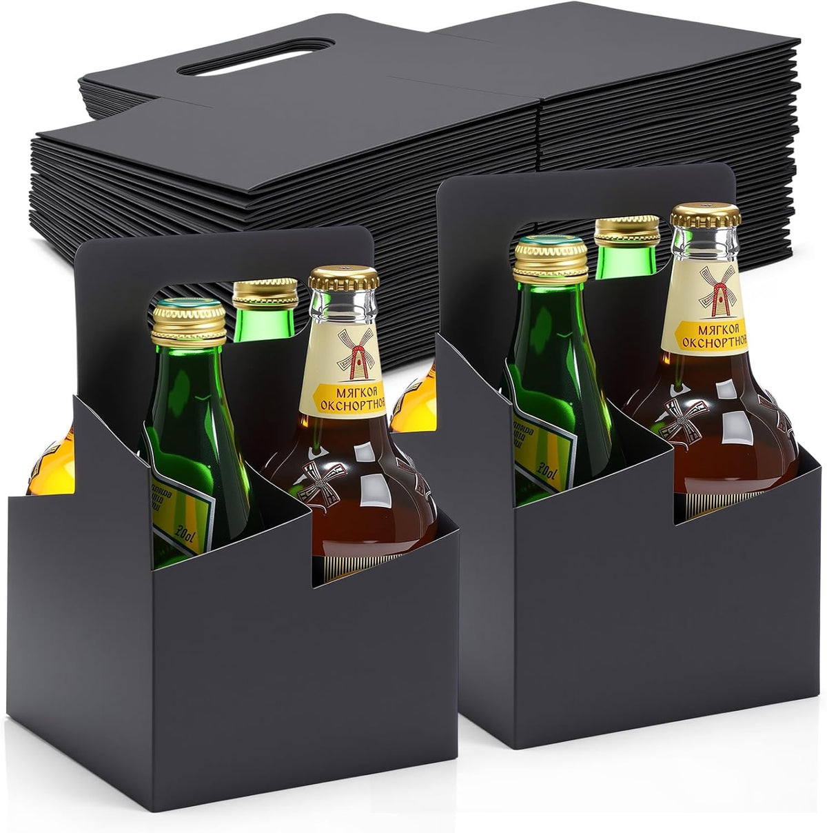 Jetec 4 Cup Drink Carrier with Handle, Kraft Paperboard Beer Carrier, Disposable Drink Holder for Hot or Cold Drinks, 12-16 oz Bottle Holder for Soda and Other Bottled Products(50 Pcs,Black)