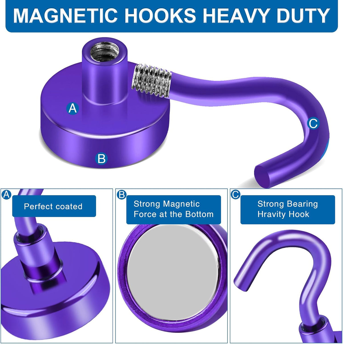 LOVIMAG Cruise Ship Essentials, 110Lbs Cruise Door Magnets, Purple Cruise Magnetic Hooks, Magnetic Hooks Heavy Duty for Hanging Celling, Grill, Refrigerator Kitchen-6 Pack