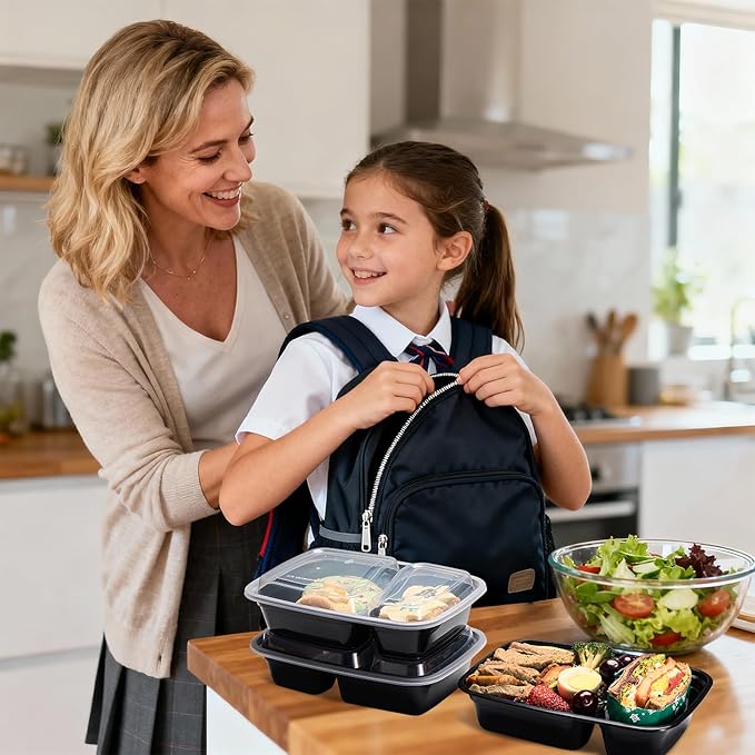 Glotoch Express 300 Pack 32oz Black 2 Compartment Square Meal Prep Containers, Food Storage Containers with Lids for Microwave Dishwasher Freezer Safe