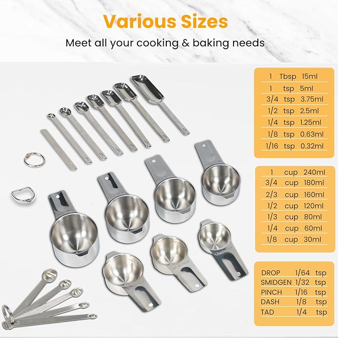 20PCS Measuring Cups and Spoons Set, Includes 7 Stackable Stainless Steel Cups, 7 Rectangular & 5 Mini Measuring Spoons with Leveler Fits Spice Jars, Kitchen Gadgets with Engraved Markings