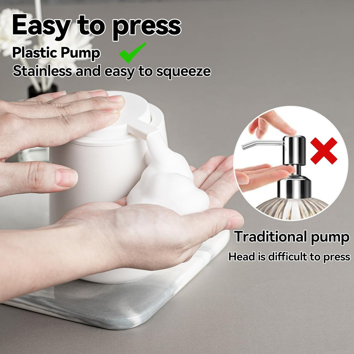 Foaming Soap Dispenser - 12 Oz Ceramic Foam Hand Soap Dispenser for Bathroom, Face Wash Dispenser Bottle with Foaming Pump, Refillable Lotion Dish Soap Foam Dispenser for Kitchen, Matte White