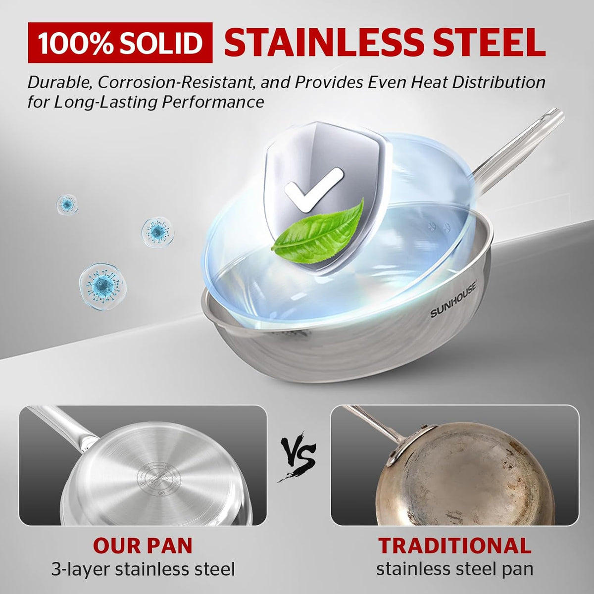 Sunhouse 18/10 9 Inch Stainless Steel Frying Pan, Whole-Clad No Coatings Skillet with Stay-cool Handle for Cooking, Durable & Oven Safe to 500°F, Dishwasher Safe, Compatible with All Cooktops