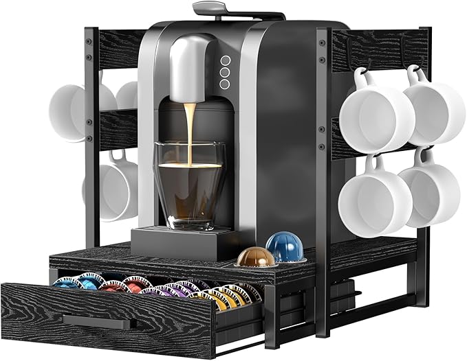 Evermagin Coffee Pod Holder Compatible with Nespresso, Vertuo Pod Holder for 56 Small or 28 Large, Nespresso Capsule Organizer Drawer Coffee Maker Station with Cup Rack, Black
