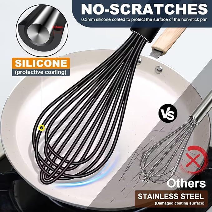 Silicone Whisk,Non Scratch Whisk for Cooking, 5+7+9+11in Balloon Whisks, Suitable for Mixing, Blending Whipping.11in Flat Whisks great for Ceramic Coated pans and Wider shallower pots.