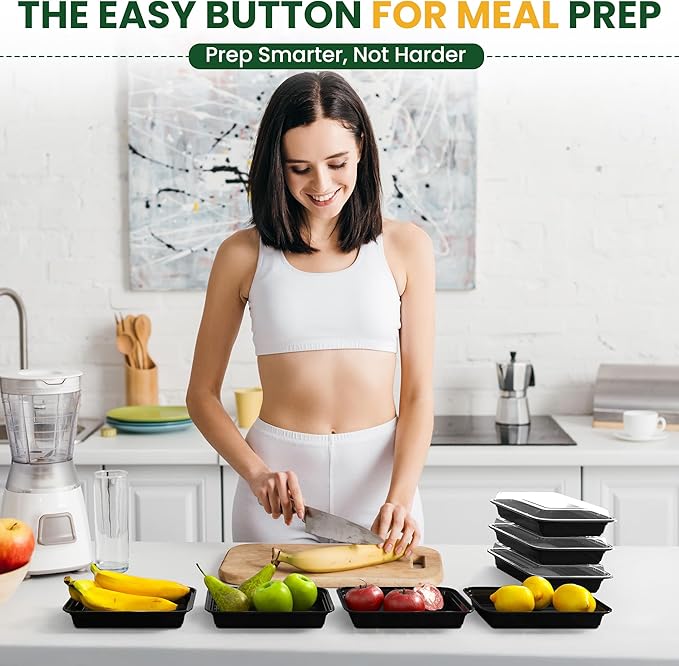 28oz Meal Prep Containers [50-Pack], Reusable Bento Box with Easy-Snap Leakproof Lids - Microwave, Dishwasher & Freezer Safe Food Storage, BPA-Free Plastic Lunch Containers (Black)