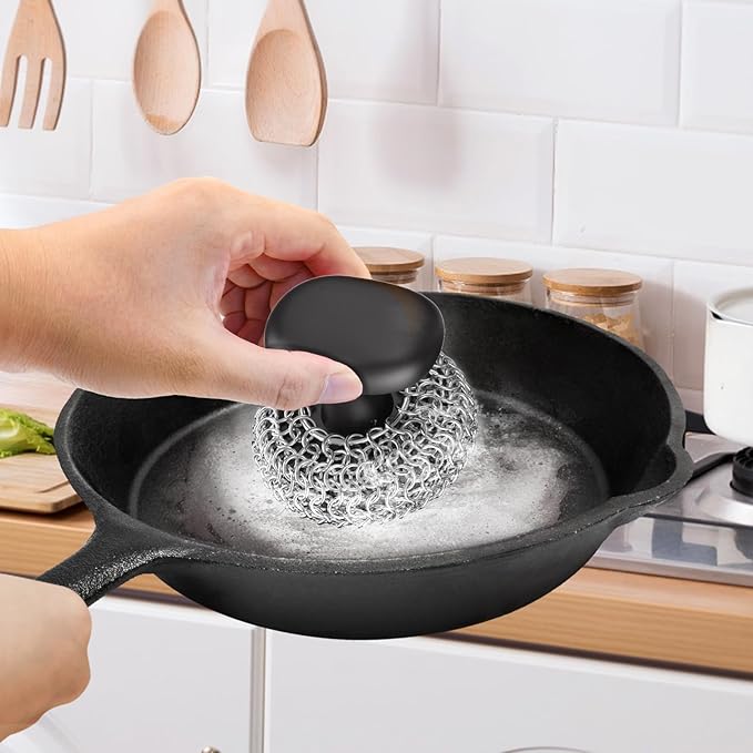 Cast Iron Scrubber | Dish Scrub Brush | 316 Cleaner Chainmail Scrubber for Cast Iron Pan Skillet Cleaner - Dish Scouring Pad Dishwasher Safe Cleaning Kit, Black 02