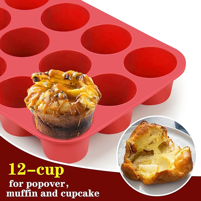 Vodolo 12-Cup Silicone Professional Non-Stick Popover Pans for Muffins, Brownies and Baking