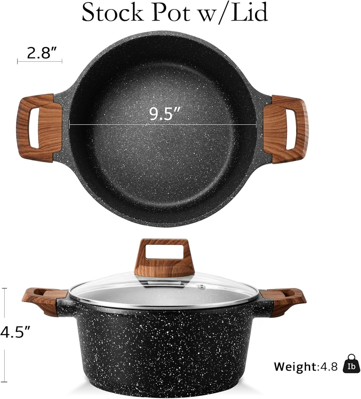 ESLITE LIFE Nonstick Stock Pot with Lid, 5 Quart Granite Casserole Large Soup Pot Pasta Cooking Pot, Induction Compatible, PTFE & PFOA Free, Black