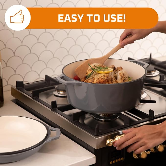 Bruntmor 2-in-1 Enamel Cast Iron Dutch Oven With Handles - Crock Pot Grey Cast Iron pot with Skillet lid - All-in-One Cookware Braising Pan for Casserole Dish - 7 Quart, Grey