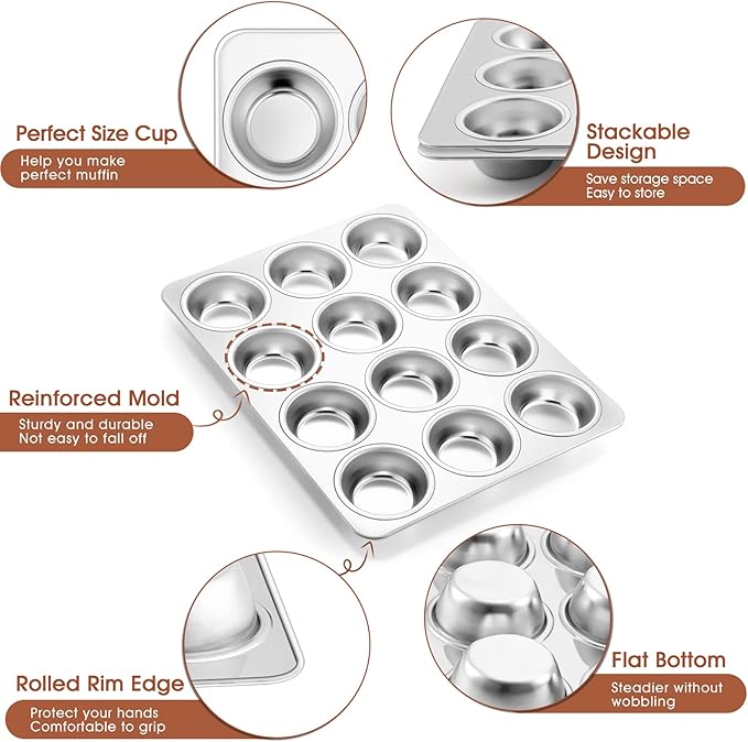 P&P CHEF Muffin Pan Cupcake Baking Pan Set, Stainless Steel Muffin Tin Tray for Mini Cake Tart Quiche, Oven & Dishwasher Safe, Non-toxic & Heavy-duty, (12 Cup, 2Pcs)