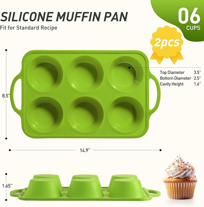 2 Packs 6 Cups Silicone Muffin Pan with Metal Reinforced Frame Jumbo Size Cupcake Pan Tray Egg Bites Silicone Circle Cookie Molds Muffin Tin Tart Pans Baking Sheet Set for Breakfast Sandwiches