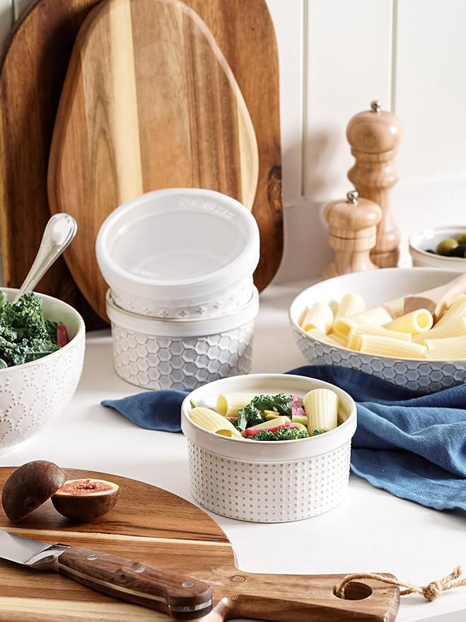 LE TAUCI Ramekins Oven Safe with Lids, 12 oz Ramikin Set for Creme Brulee, Souffle, Dipping Sauce, Onion Soup, Ceramic Food Storage Container - 5 inch, Set of 4, Arctic White