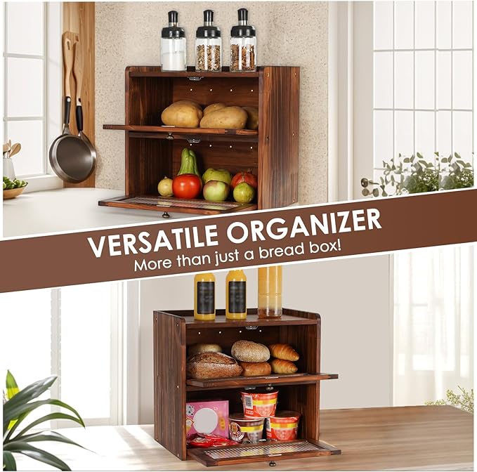 Sunhoo Bread Box for Kitchen Countertop Wooden Bread Storage Container Bin 2 Layer Breadbox Holder Large Capacity Keeper Vintage Farmhouse Food Organizer Pantry Shelf Acrylic Window (Brown)