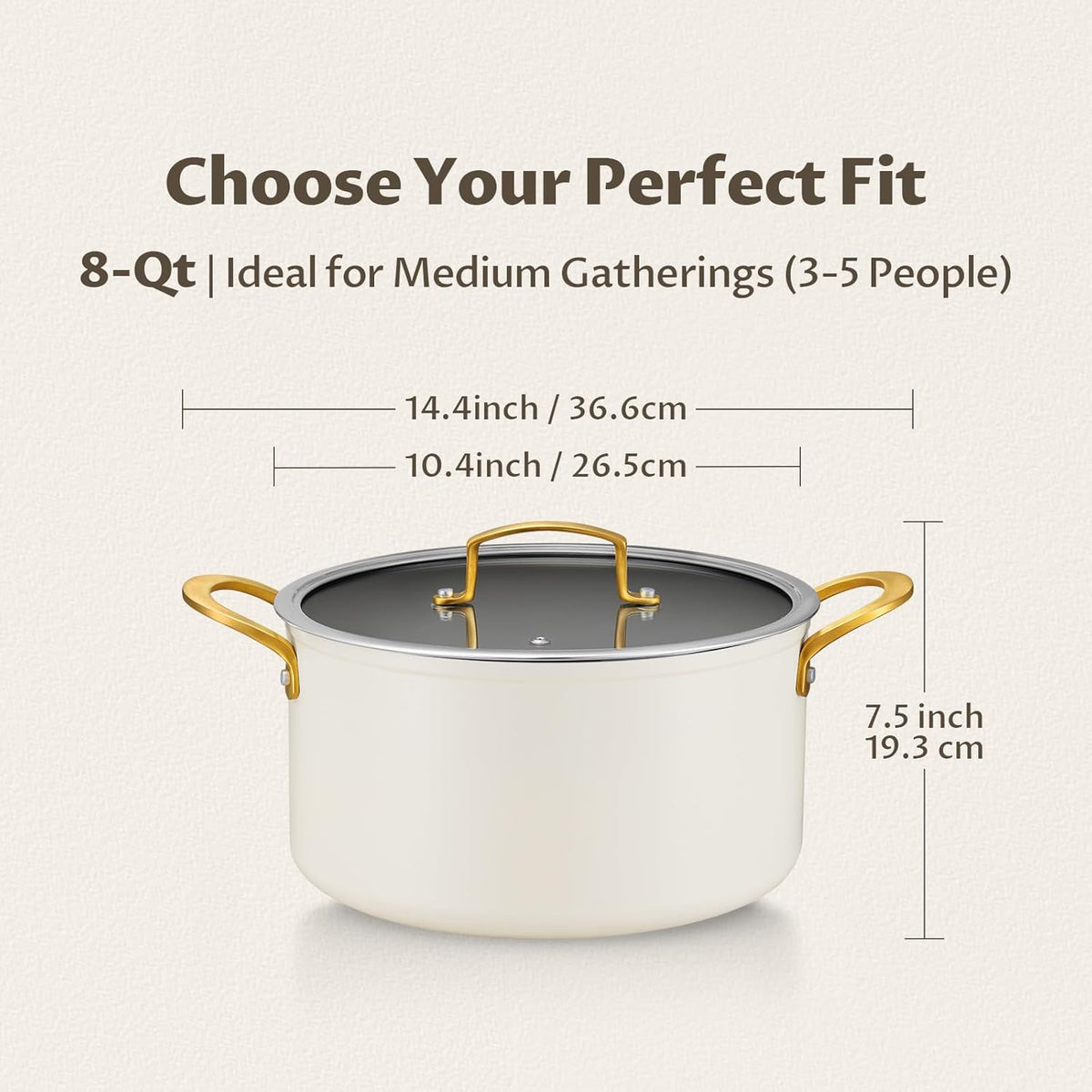 BEZIA 8 Quart Ceramic Stock Pot, Non Toxic Soup Pots with Lid, Non Stick Pot with Stainless Steel Handle, Compatible With Most Cooktops, Even Heat Distribution, Perfect for Soups & Stews, Cream