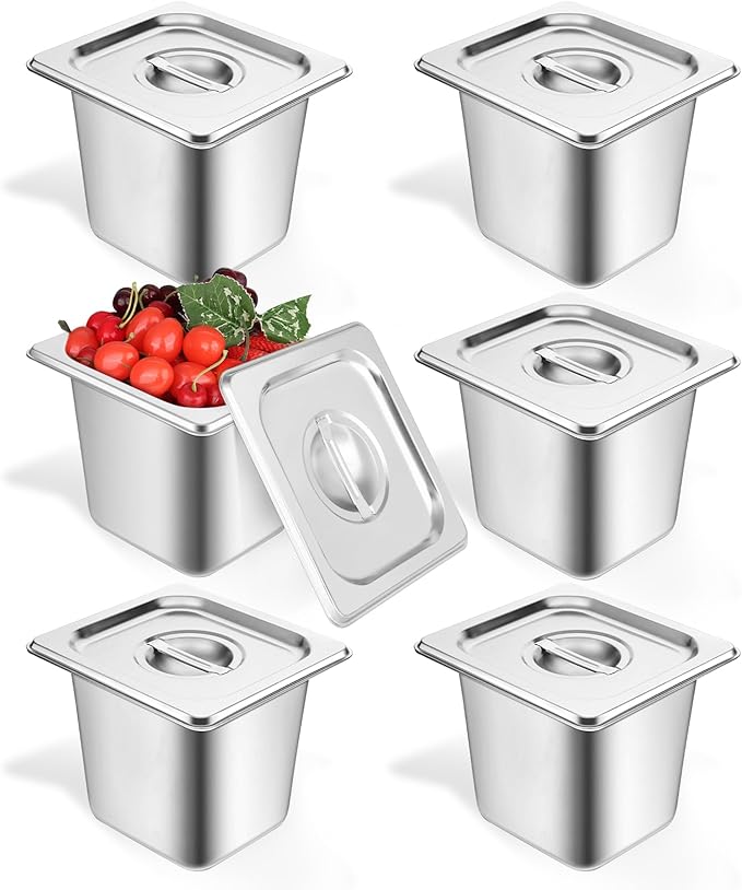 6 Set Hotel Pan 1/6 Size 6 Inch Deep Stainless Steam Table Pans with Lids Stackable Commercial Anti Jam Metal Steam Tray Catering Food Storage Steel Pan for Hotel Restaurant Buffet Party Supplies