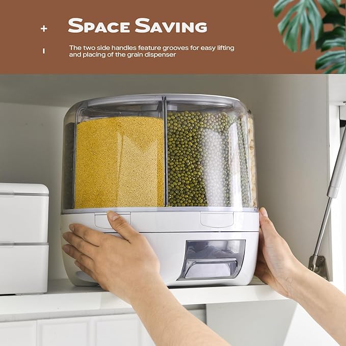 Grain Dispenser, 360° Rotating Storage Container, 6 Grid Food Dispenser with Storage Sealed Lid, Rice Dispenser for Grains, Beans, Rice, Peanut, Barley