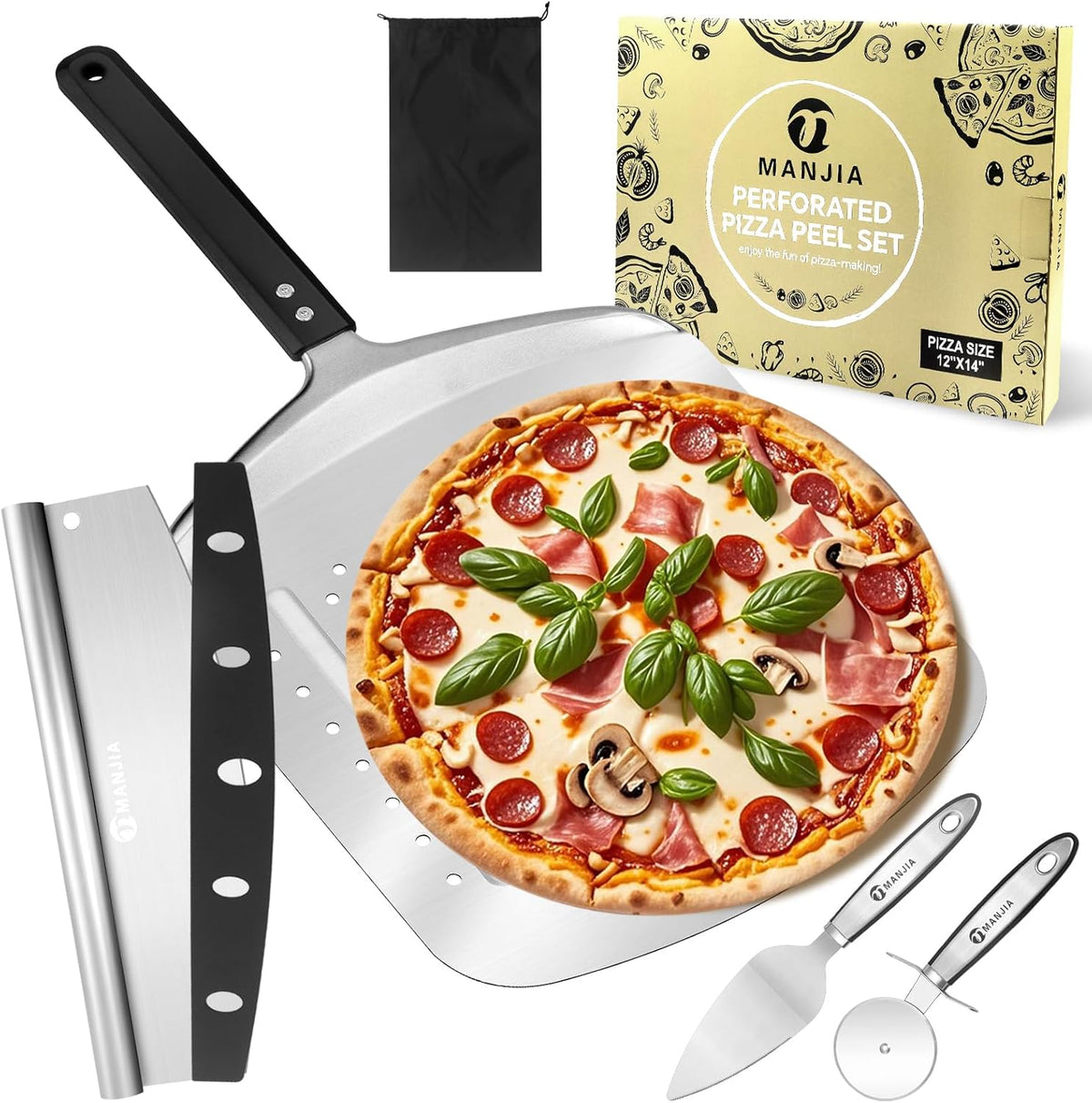 MANJIA Perforated Pizza Peel – 12 inch Aluminum Pizza Paddle with Rocker Cutter Storage Bag – Lightweight Nonstick Metal Pizza Paddle Set for Homemade Baking Pizza Oven & Stone (silver)