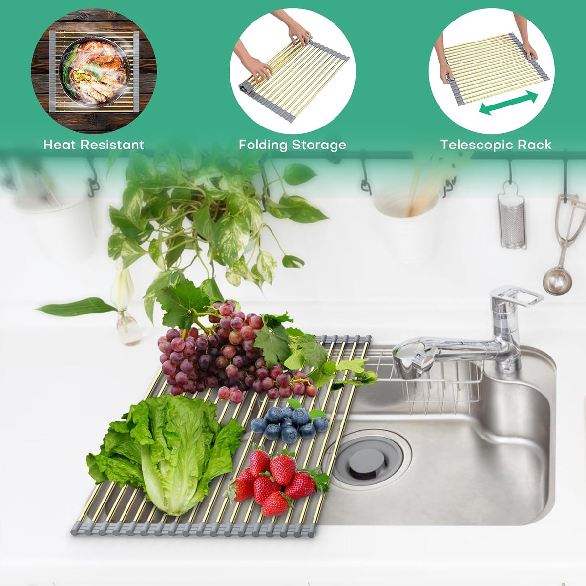 Large Expandable Roll Up Dish Drying Rack, Heat-Resistant Dish Drainer for Stainless Steel Sinks, Over The Sink Non-Slip Silicone Rollable Dish Drainer Roll Rack 18 Tube Gray Silicone & Gold Tube