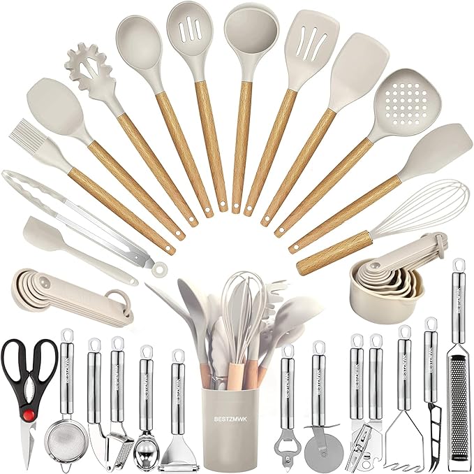 Kitchen Utensils Set- 35 PCs Cooking Utensils with Grater,Tongs, Spoon Spatula &Turner Made of Heat Resistant Food Grade Silicone and Wooden Handles Kitchen Gadgets Tools Set for Nonstick Cookware