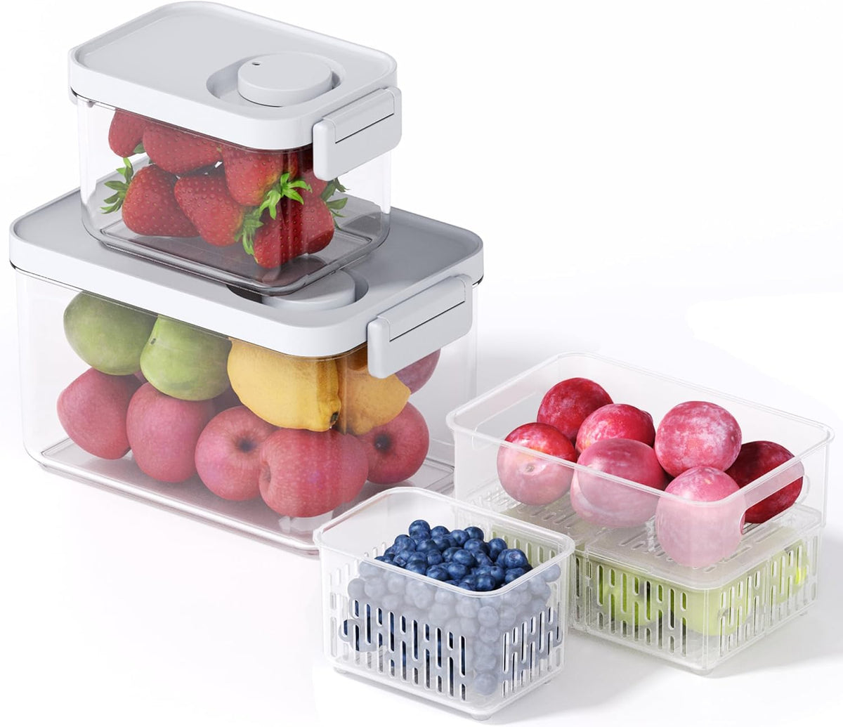 vacane 2 Pack Produce Saver with lids & Colanders, Clear Fruit Containers for Fridge Dishwasher Safe Berry Containers, BPA-Free Lettuce Keeper, Keep Vegetable Food Fresh